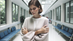 Photo of a woman with a full bust subtly covering her chest with her arms, standing in a hospital corridor, reflecting contemplation and anticipation.