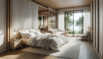 peaceful bedroom with white linens, wooden furniture, and large windows revealing a serene outdoor view